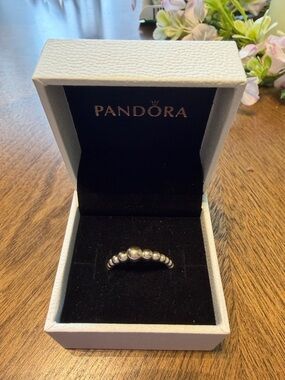 Pandora Silver Beaded Ring with Polished Center